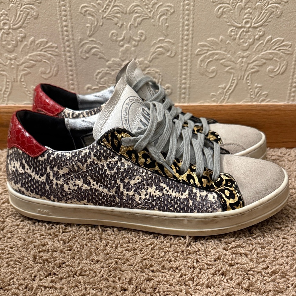 P448 Women's Sneakers in Red, Gray, and Black Animal Print